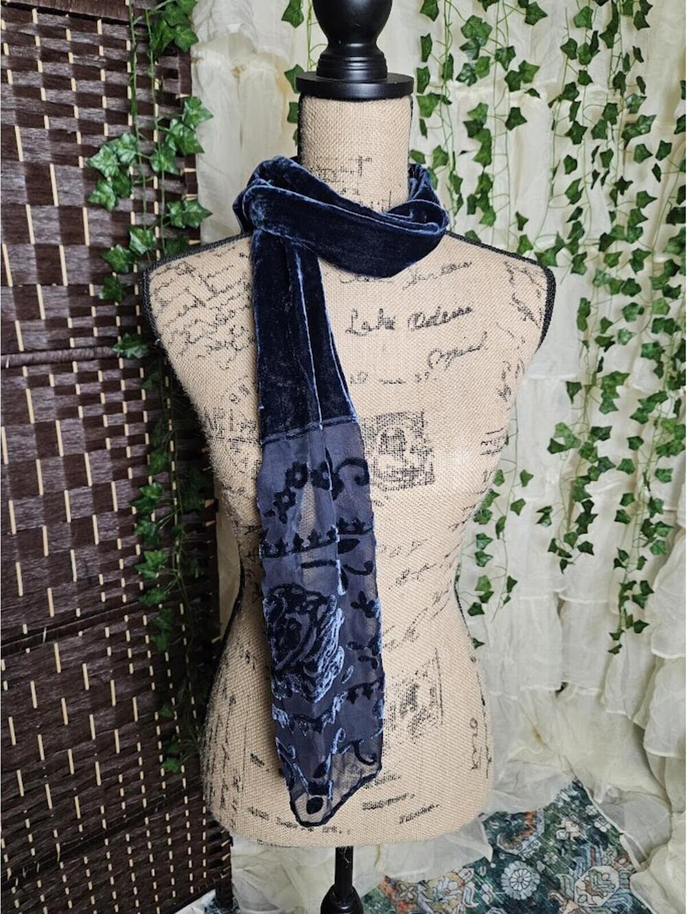 Vintage Black Velvet & Sheer Embroidered Scarf Dark Academia Gothic Fairycore